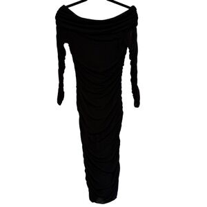 PrettyGarden Black Off Shoulder Ruched Mesh Sleeve Bodycon Midi Dress Size S